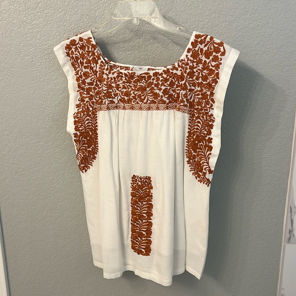 Embroidered White and Brown Blouse